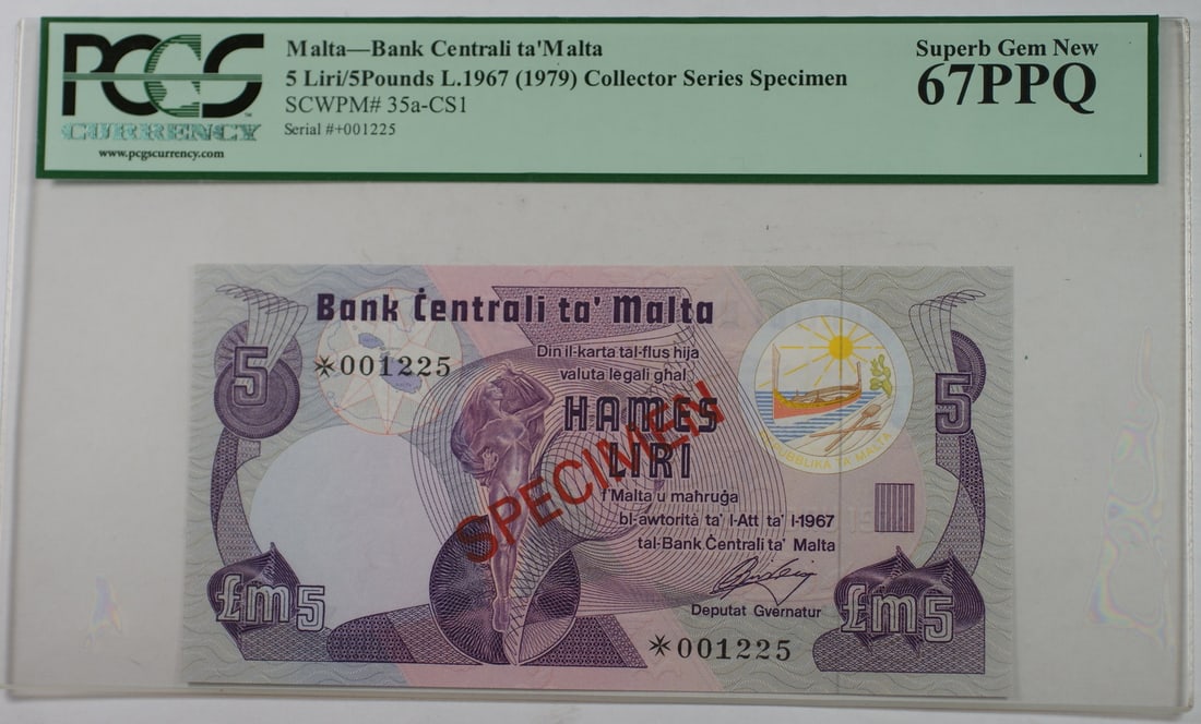 Malta 1967 5 Liri 5 Pound Specimen Banknote PCGS 67 EPQ (1 of 2)