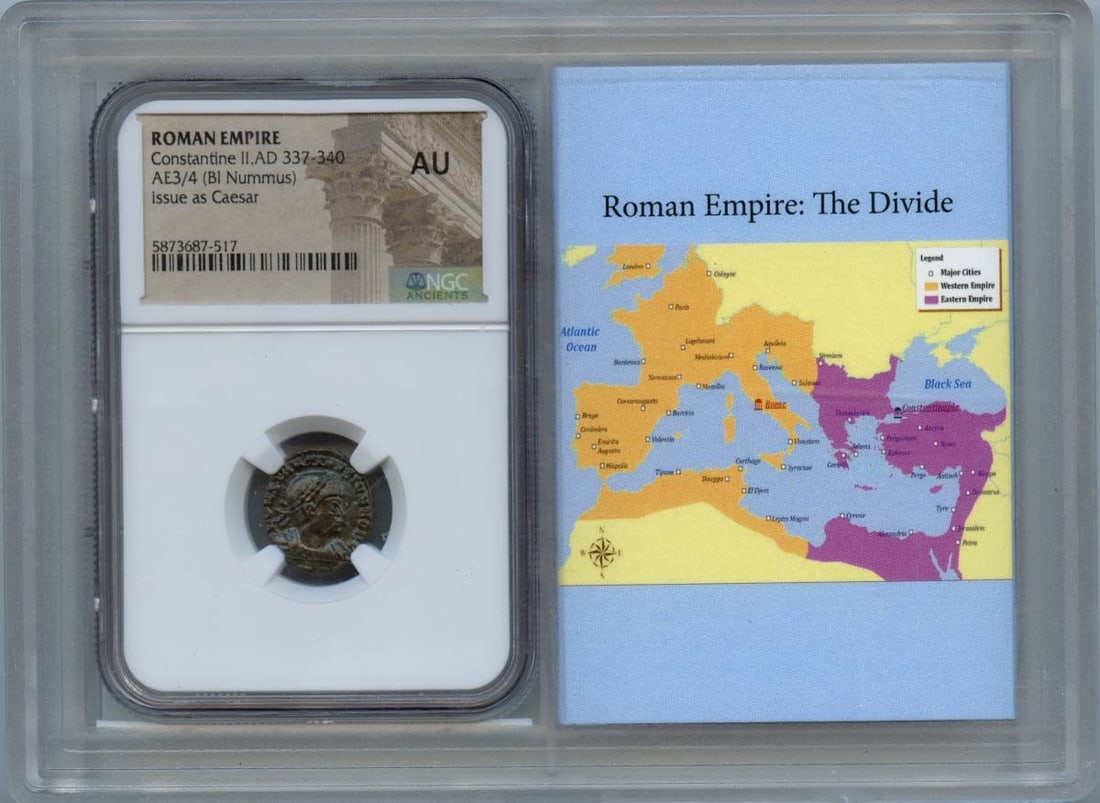 Constantine II AE3/4 Ancient Roman Coin NGC AU50: Constantine II AE3/4 Ancient Roman Coin NGC AU50 This ancient Roman coin features the profile of Constantine II, minted between AD 337 and 340. Graded AU50 by NGC, it showcases a well-preserved exampl