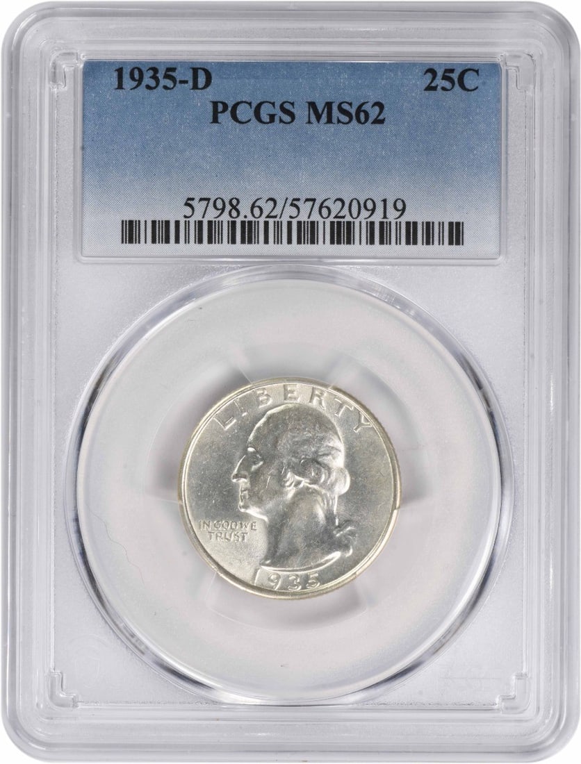 1935-D Washington Silver Quarter MS62 PCGS Uncirculated 90% Silver: 1935-D Washington Silver Quarter MS62 PCGS Uncirculated 90% Silver This 1935-D Washington Silver Quarter is a remarkable find for collectors, showcasing the artistry of designer John Flanagan. Graded
