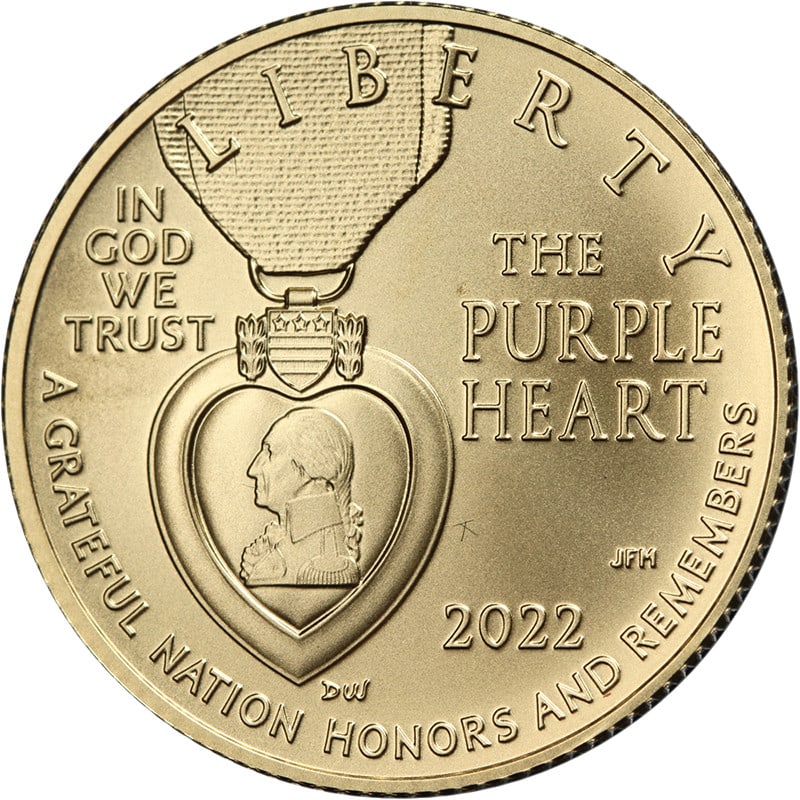 Uncirculated 2022-W $5 Gold Purple Heart Medal with OGP and COA (1 of 3)
