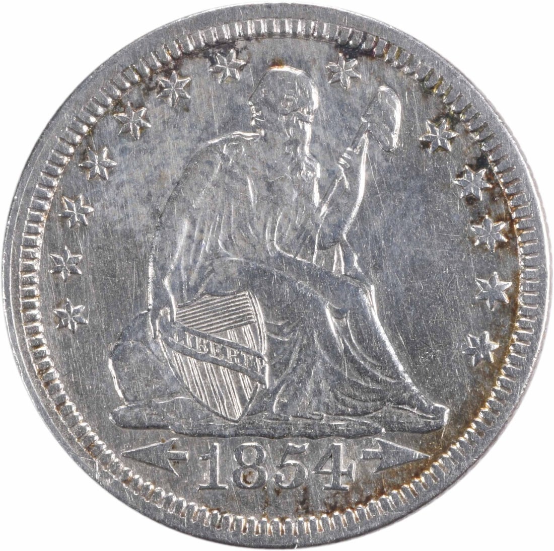 1854 Liberty Seated Quarter 90% Silver EF Uncertified Coin: 1854 Liberty Seated Quarter 90% Silver EF Uncertified Coin This 1854 Liberty Seated Silver Quarter is a notable collectible piece, featuring the iconic design by Robert Ball Hughes and Christian Gobre