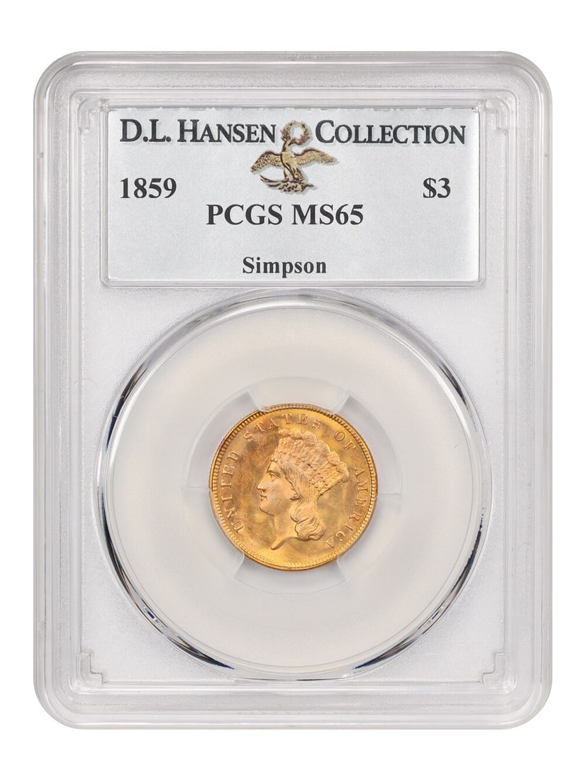 1859 $3 Gold Coin PCGS MS65 D.L. Hansen Provenance: 1859 $3 Gold Coin PCGS MS65 D.L. Hansen Provenance This stunning 1859 $3 gold coin is certified by PCGS with a grade of MS65, reflecting its uncirculated condition. Struck at the Philadelphia mint, th