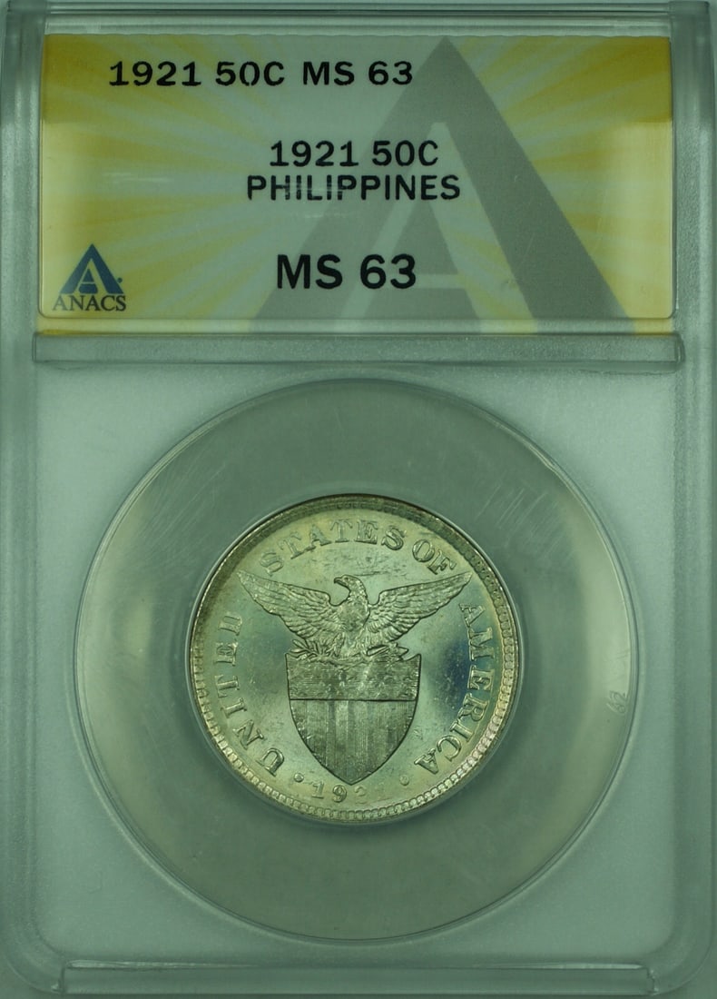 1921 Philippines 50 Centavos Silver Coin ANACS MS-63 KM#171 (1 of 2)