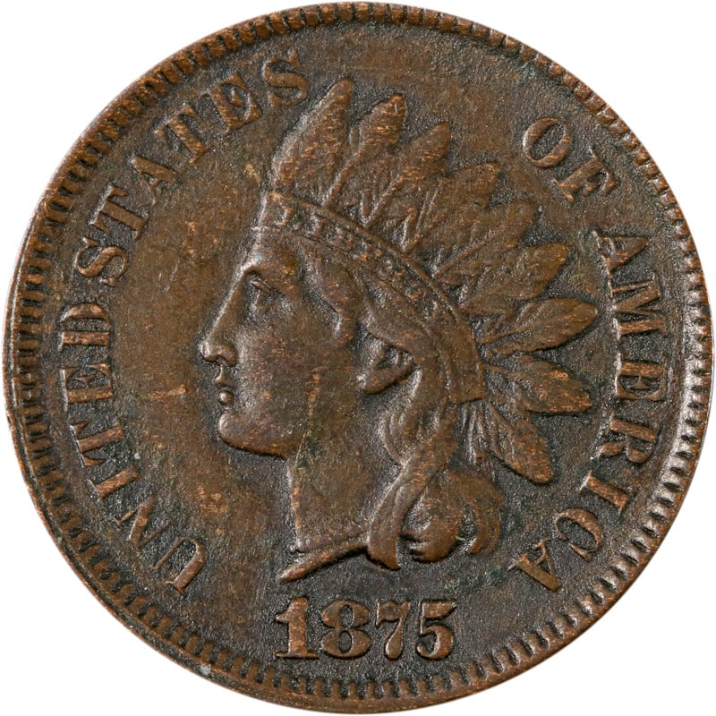 1875 Indian Cent Copper Coin Circulated Dark Patina Uncertified: 1875 Indian Cent Copper Coin Circulated Dark Patina Uncertified This 1875 Indian Cent is a classic piece of American numismatic history. Made of copper, this coin showcases the distinctive design of t