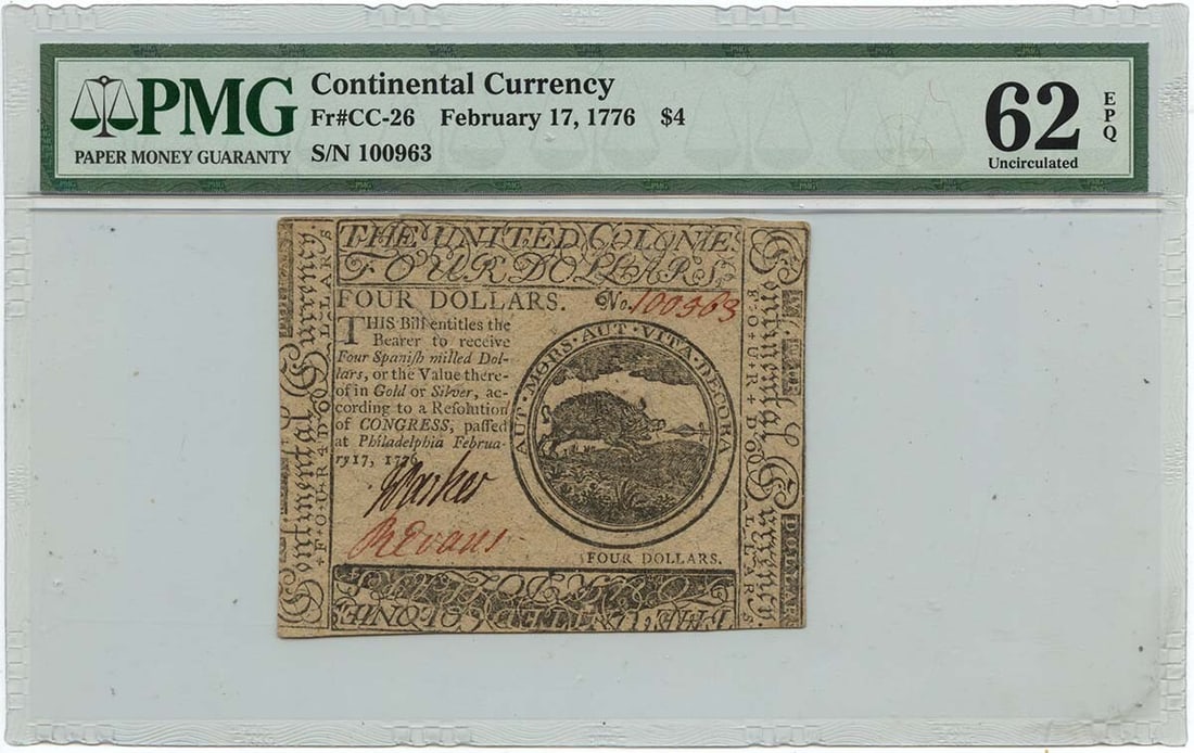 1776 $4 Continental Currency CC-26 PMG 62 Uncirculated Note (1 of 2)