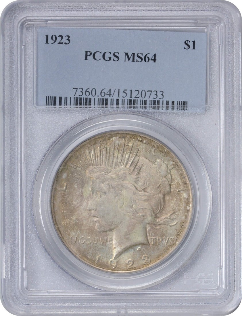 1923 Peace Silver Dollar MS64 PCGS Cloudy Grey Toned Coin: 1923 Peace Silver Dollar MS64 PCGS Cloudy Grey Toned Coin This 1923 Peace Silver Dollar is a stunning example, graded MS64 by PCGS, showcasing a beautiful cloudy grey tone on the obverse. This coin is
