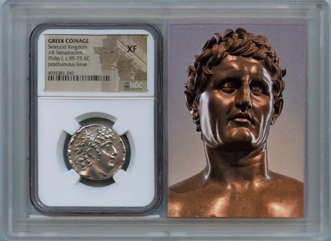 95-75 BC Seleucid Kingdom Greek AR Tetradrachm NGC XF40: 95-75 BC Seleucid Kingdom Greek AR Tetradrachm NGC XF40 This exquisite ancient Greek Tetradrachm from the Seleucid Kingdom dates back to 95-75 BC and features a sophisticated design typical of the era