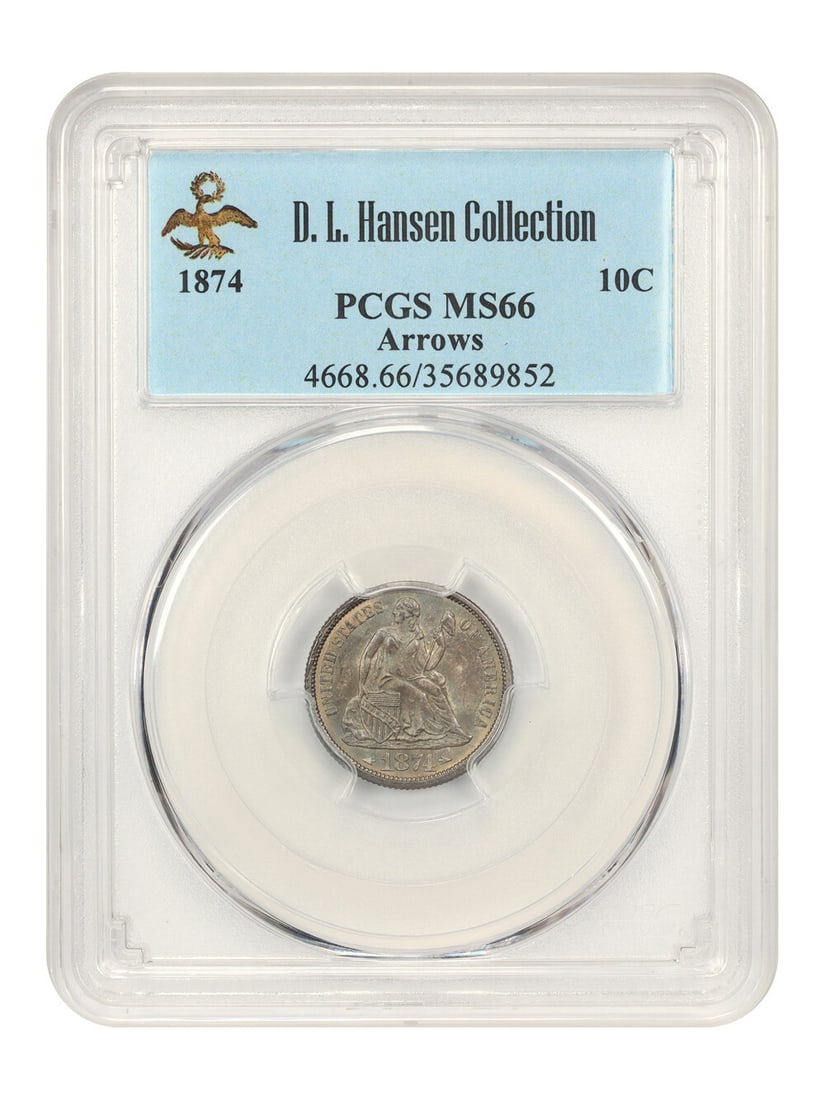 1874 10C PCGS MS66 Liberty Seated Dime Arrows Ex D.L. Hansen: 1874 10C PCGS MS66 Liberty Seated Dime Arrows Ex D.L. Hansen This exceptional 1874 Liberty Seated Dime, graded MS66 by PCGS, is a remarkable example of the Arrows subtype. Struck in Philadelphia, this