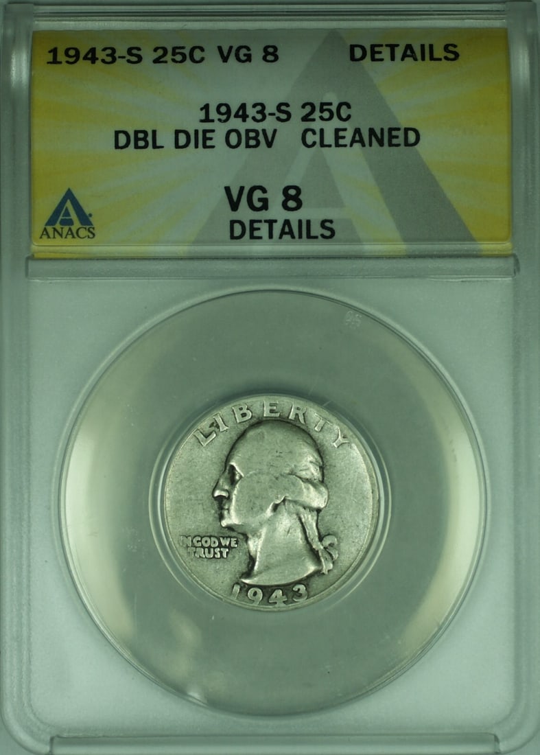 1943-S Washington Silver Quarter Coin DDO ANACS VG-8: 1943-S Washington Silver Quarter Coin DDO ANACS VG-8 This is a 1943-S Washington Silver Quarter Coin featuring a Doubled Die Obverse variety. Made of silver with a fineness of 0.9, this coin has been