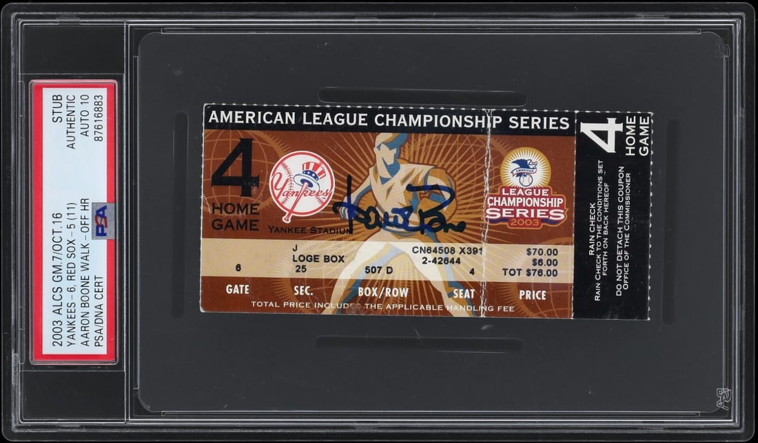 Aaron Boone Signed 2003 ALCS Game 7 Walk Off Ticket PSA GEM MINT 10: Aaron Boone Signed 2003 ALCS Game 7 Walk Off Ticket PSA GEM MINT 10 Celebrate a historic moment in baseball history with this Aaron Boone signed ticket stub from the 2003 ALCS Game 7, featuring his ic