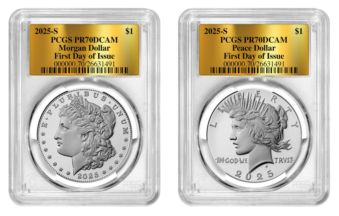2025-S PR70 Proof Morgan Peace Silver Dollar 2 Coin Set FDOI PCGS (1 of 3)