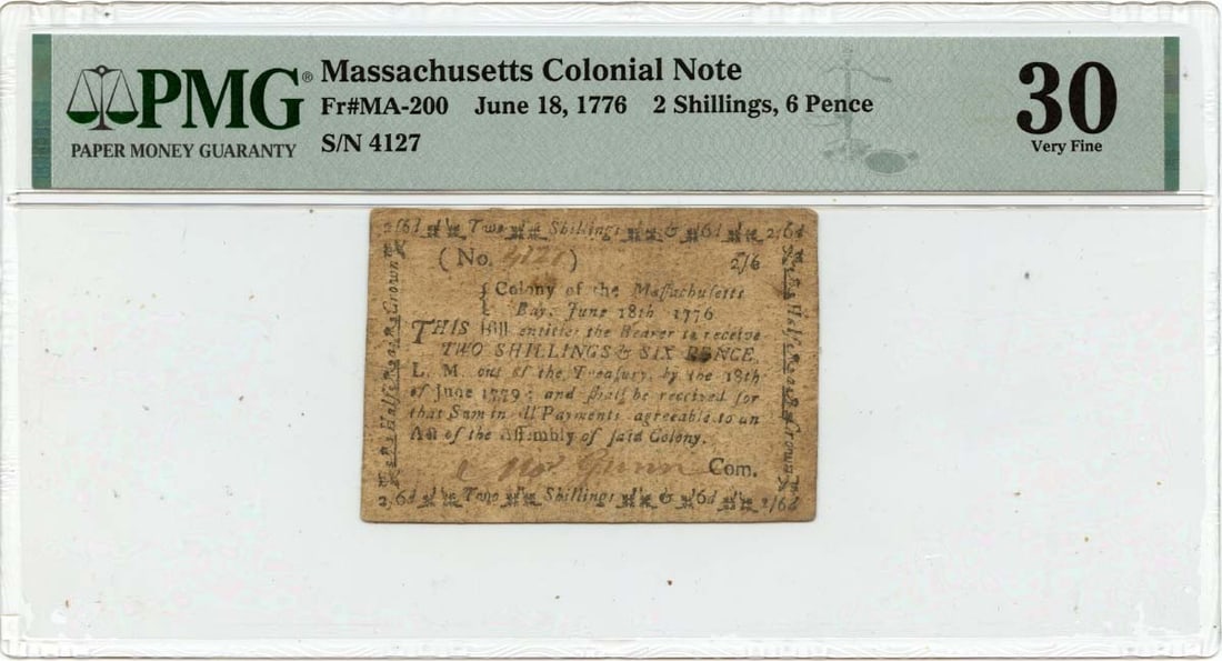 Massachusetts 1776 Colonial Note 2s6d FR#MA-200 PMG VF30 (1 of 2)