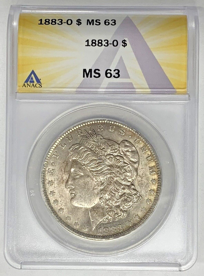 1883-O Morgan Silver Dollar Coin ANACS MS 63 Uncirculated Silver: 1883-O Morgan Silver Dollar Coin ANACS MS 63 Uncirculated Silver This 1883-O Morgan Silver Dollar Coin is a remarkable piece for collectors. It features the iconic Morgan design and comes in an uncirc