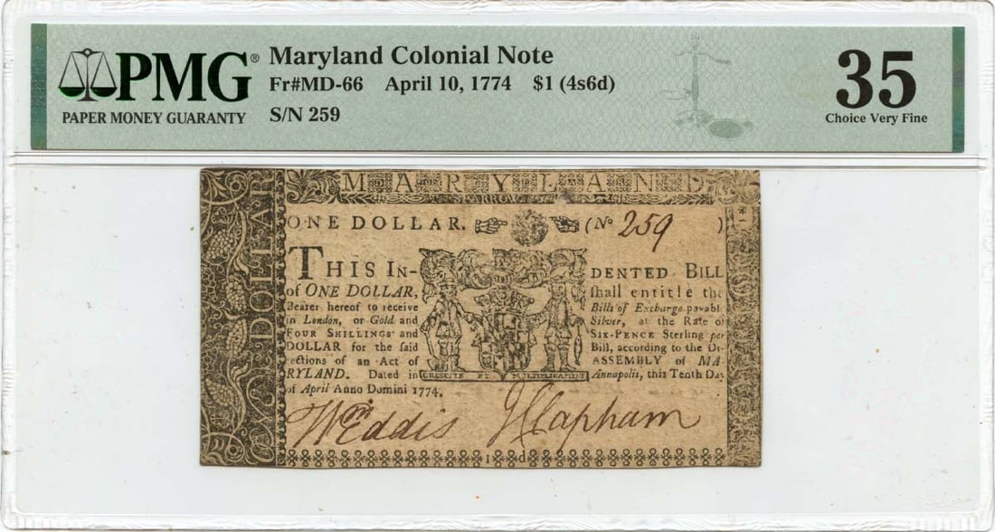 1774 $1 Maryland Colonial Note MD-66 PMG VF35 Certified (1 of 2)