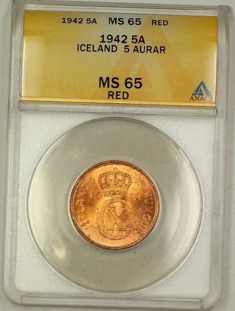 1942 Iceland 5 Aurar Copper Coin ANACS MS-65 Red Uncirculated: 1942 Iceland 5 Aurar Copper Coin ANACS MS-65 Red Uncirculated This 1942 Iceland 5 Aurar copper coin showcases exquisite detail, graded MS-65 by ANACS, indicating its exceptional quality as a uncircula
