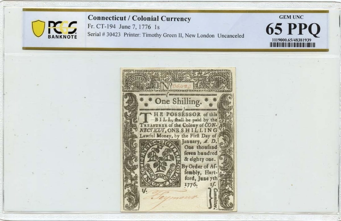 1776 1 Shilling Connecticut Colonial Currency Note CT-194 PMG MS65 (1 of 2)