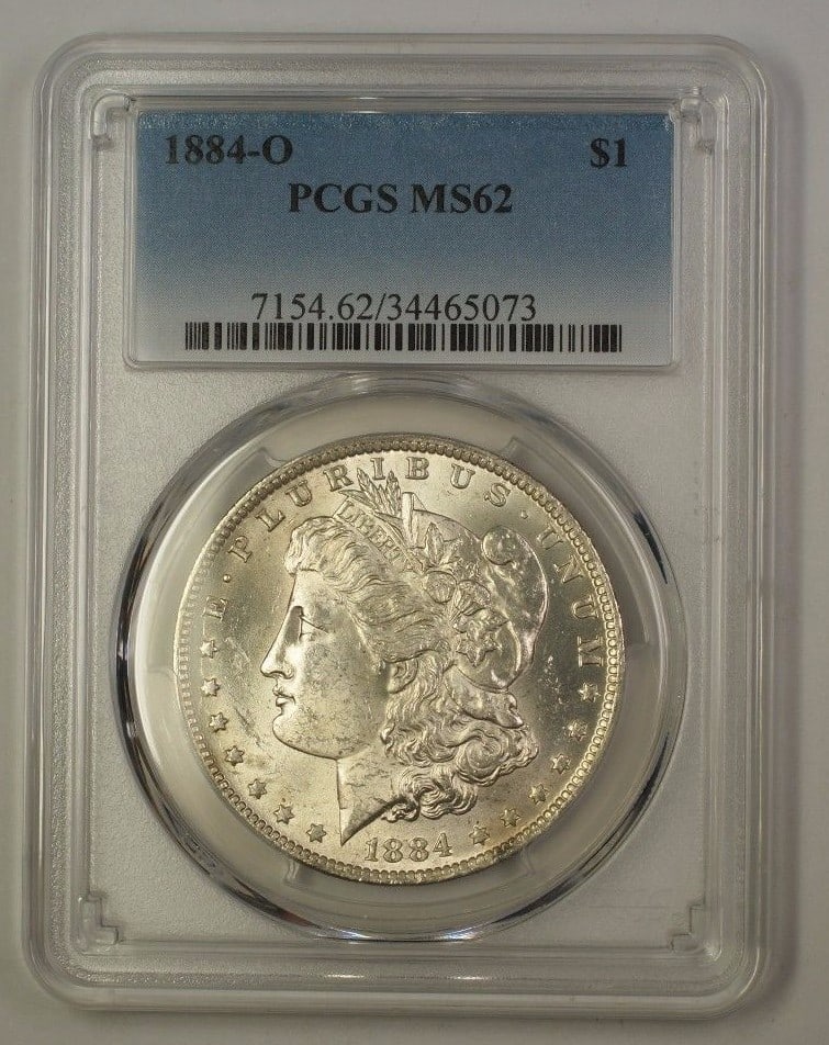 1884-O Morgan Silver Dollar PCGS MS62 Uncirculated Coin: 1884-O Morgan Silver Dollar PCGS MS62 Uncirculated Coin This 1884-O US Morgan Silver Dollar is a stunning example of American coinage, featuring a pristine uncirculated grade of MS 62. Minted in New O