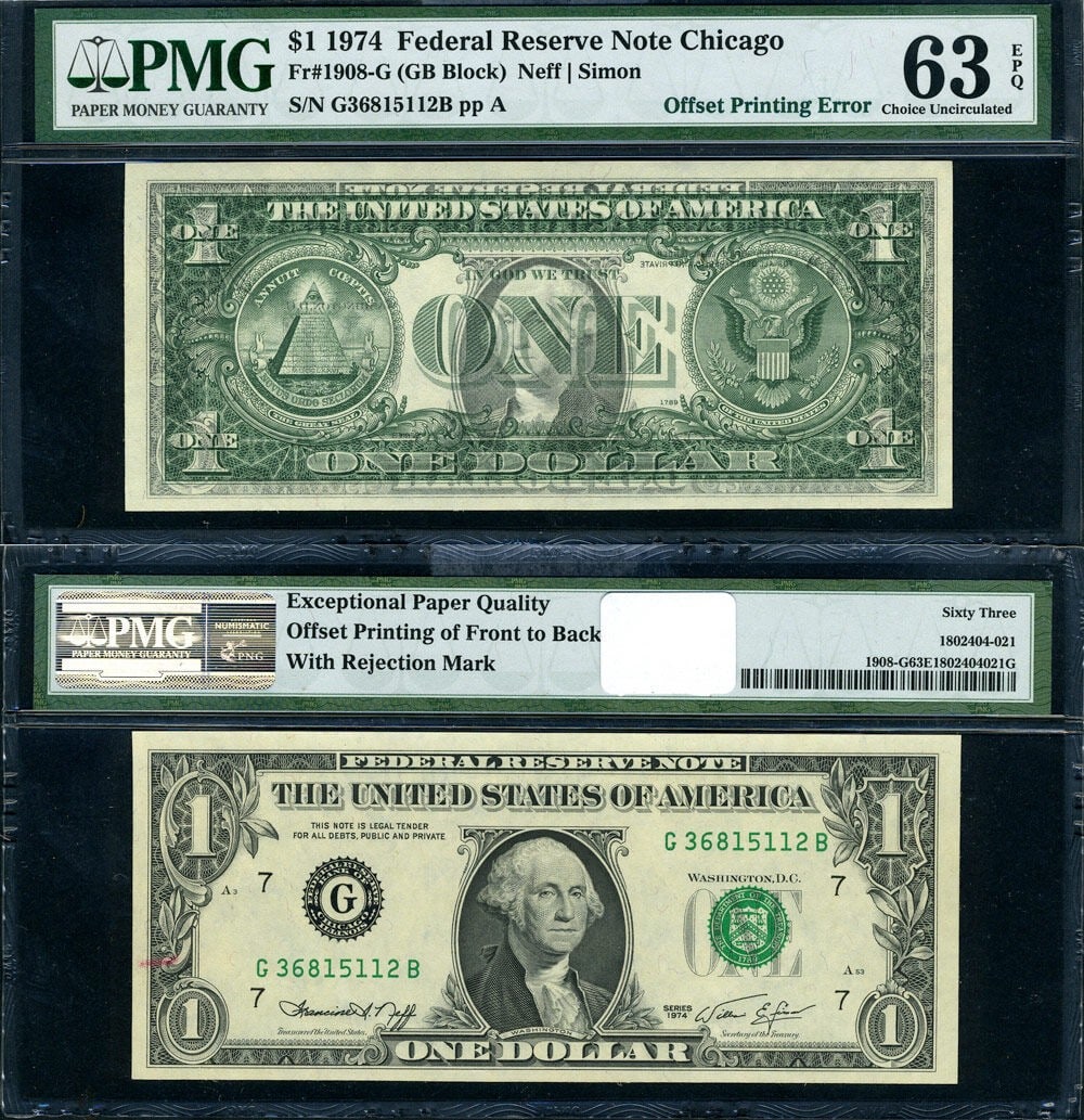 1974 Federal Reserve Note $1 ERROR PMG Choice CU63 100% Offset Print (1 of 3)