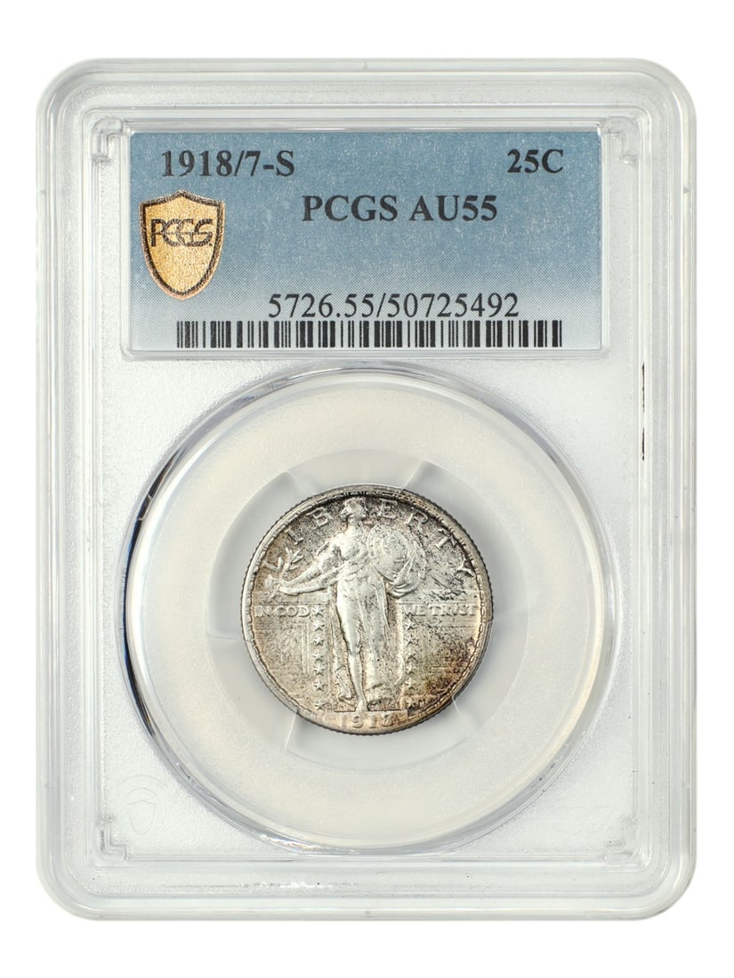 PCGS AU55 1918 Over 7 San Francisco Standing Liberty Quarter 25C: PCGS AU55 1918 Over 7 San Francisco Standing Liberty Quarter 25C This is a 1918/7-S Standing Liberty Quarter, a rare overdate issue struck at the San Francisco Mint. Graded AU55 by PCGS, this circulat