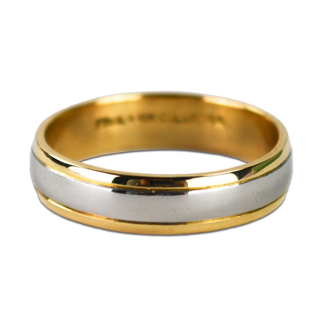 18K Yellow Gold Platinum Two-Tone Wedding Band Size 11: 18K Yellow Gold Platinum Two-Tone Wedding Band Size 11 This elegant two-tone wedding band combines 18K yellow gold and platinum, symbolizing love and commitment. Weighing 7.7 grams, this ring features