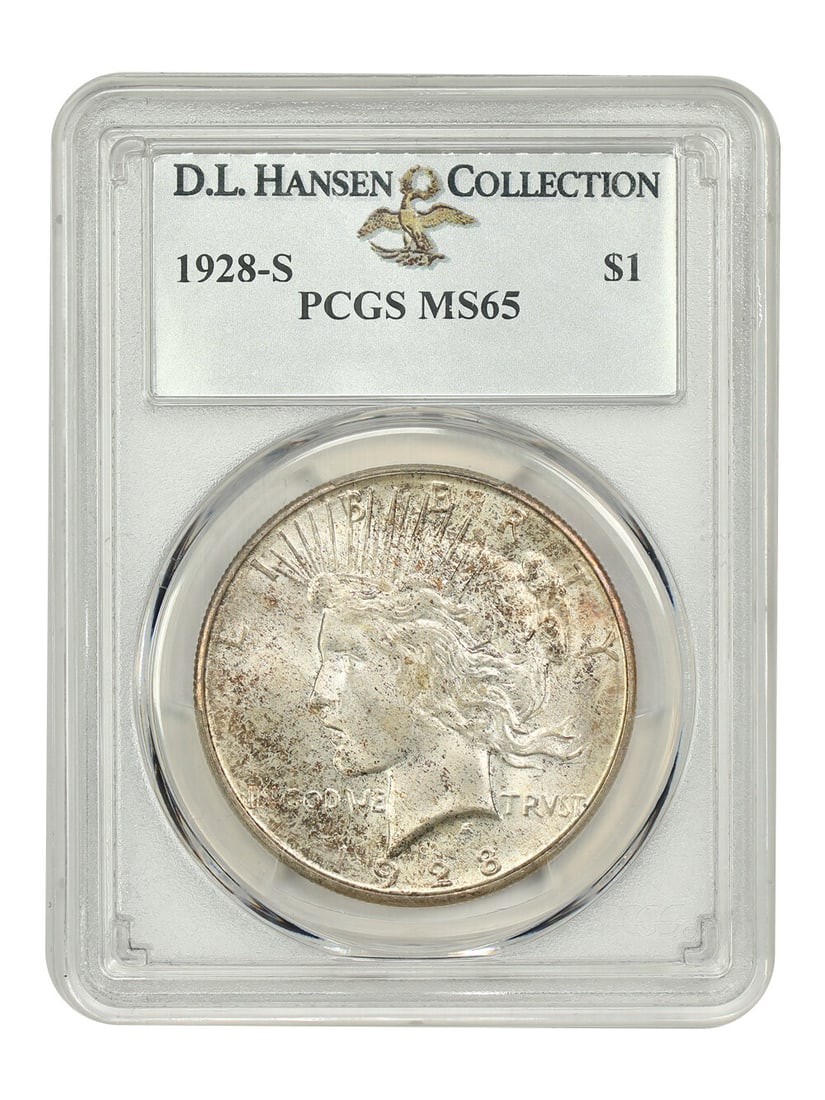 1928-S Peace Dollar $1 PCGS MS65 D.L. Hansen Gem Coin: 1928-S Peace Dollar $1 PCGS MS65 D.L. Hansen Gem Coin This 1928-S $1 Peace Dollar is a remarkable example of numismatic excellence, certified by PCGS with a grade of MS65. Struck at the San Francisco