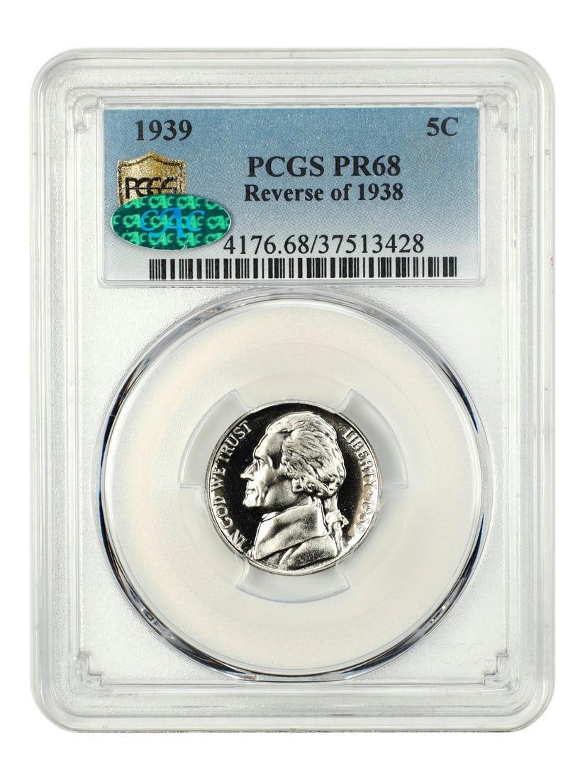 1939 Jefferson Nickel PCGS PR68 CAC Transitional Design: 1939 Jefferson Nickel PCGS PR68 CAC Transitional Design This 1939 Jefferson Nickel, graded PR68 by PCGS and CAC, showcases an uncirculated condition with an essentially blast white ultra gem appearanc