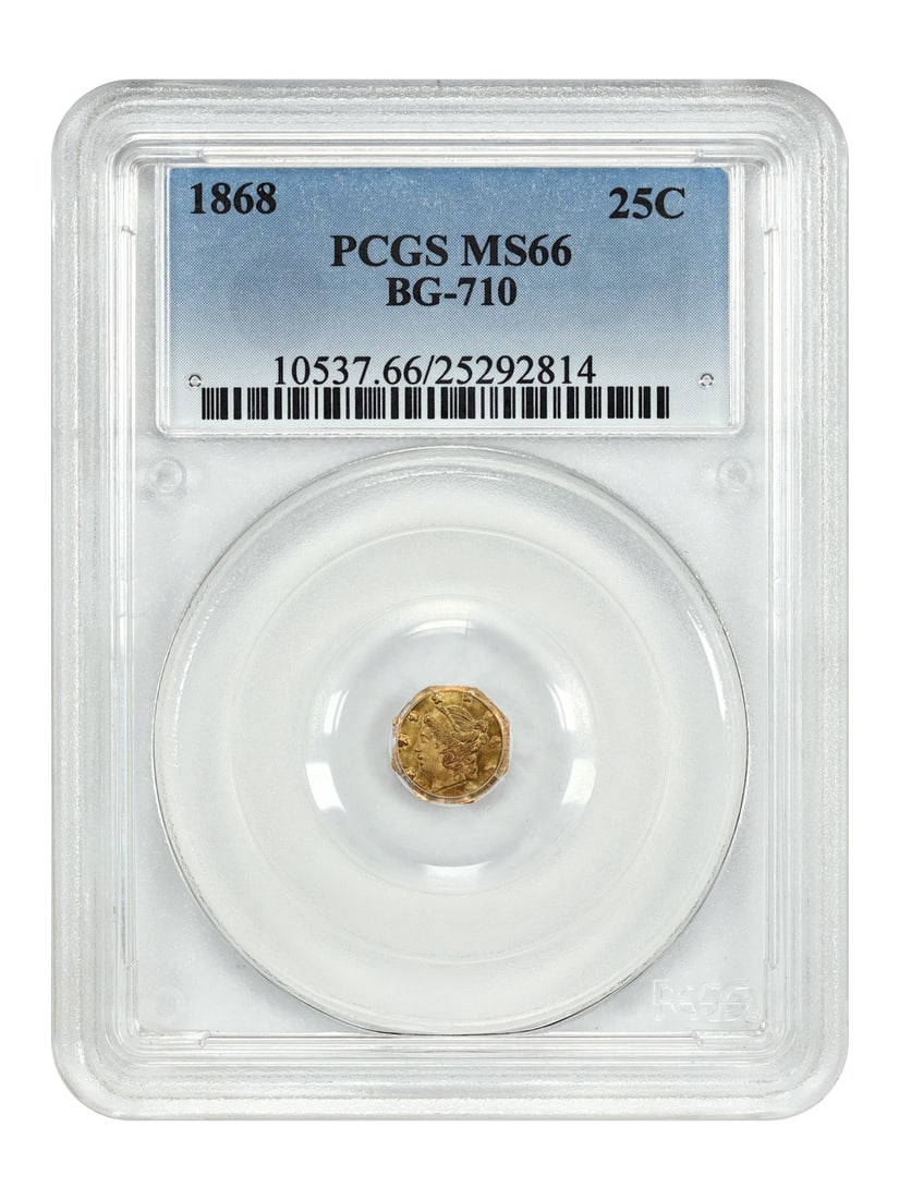 1868 California Fractional Gold 25 Cent PCGS MS66 BG-710 Coin: 1868 California Fractional Gold 25 Cent PCGS MS66 BG-710 Coin This is an 1868 California Fractional Gold 25 cent coin, graded MS66 by PCGS. This uncirculated example represents the California Fraction