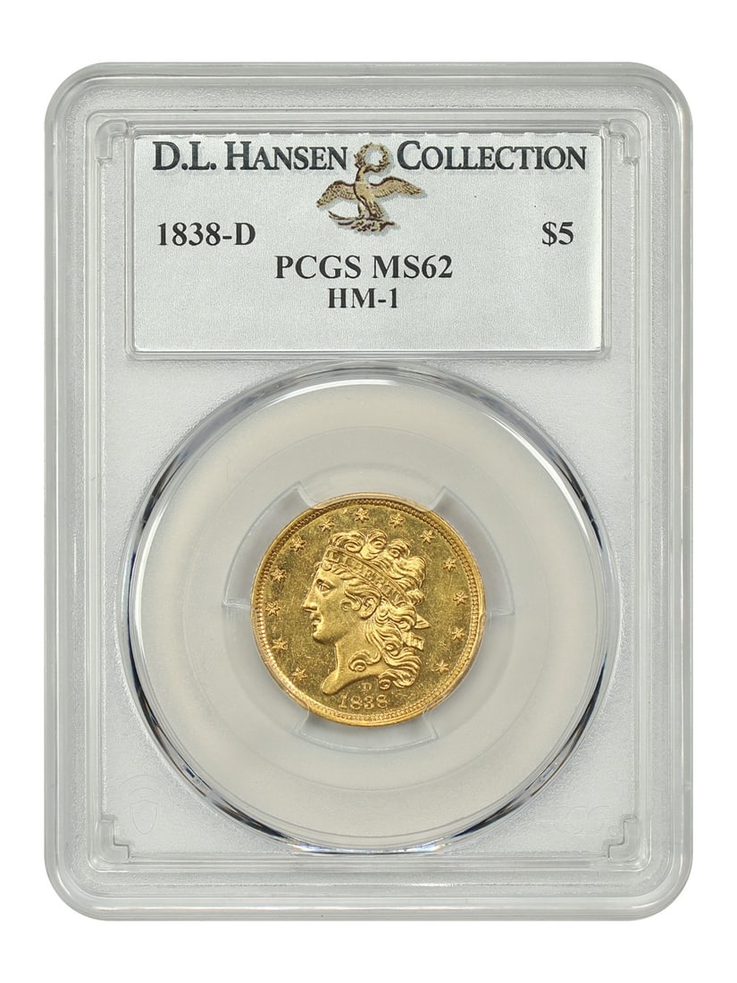 1838 Dahlonega Mint $5 Gold Coin PCGS MS62 HM-1 ex D.L. Hansen: 1838 Dahlonega Mint $5 Gold Coin PCGS MS62 HM-1 ex D.L. Hansen This 1838-D $5 Classic Head gold coin is graded MS62 by PCGS and originates from the Dahlonega Mint. It is an uncirculated first-year iss
