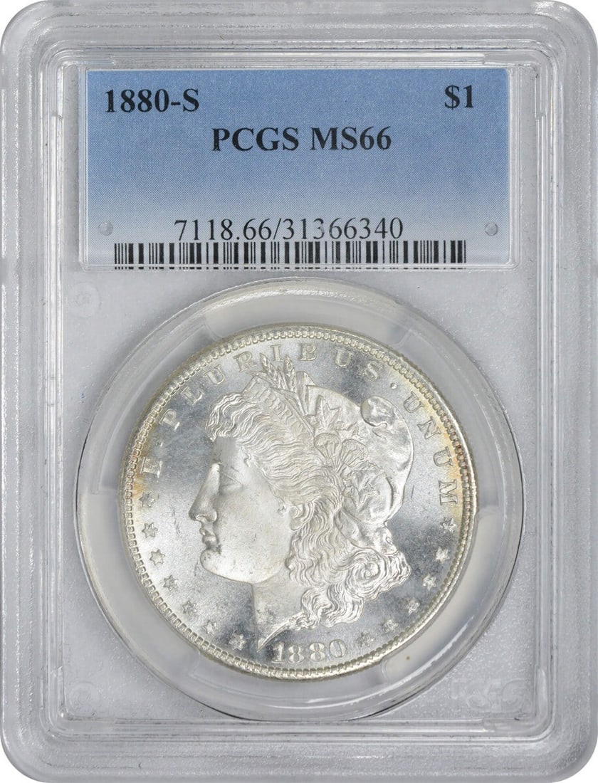 1880-S Morgan Silver Dollar MS66 PCGS Uncirculated Coin: 1880-S Morgan Silver Dollar MS66 PCGS Uncirculated Coin This 1880-S Morgan Silver Dollar is a remarkable piece of numismatic history, boasting a high grade of MS66 certified by PCGS. Struck in San Fra