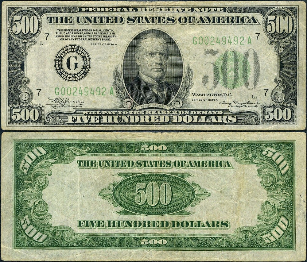 1934-A $500 Federal Reserve Chicago Note G-A Block VF+ (1 of 3)