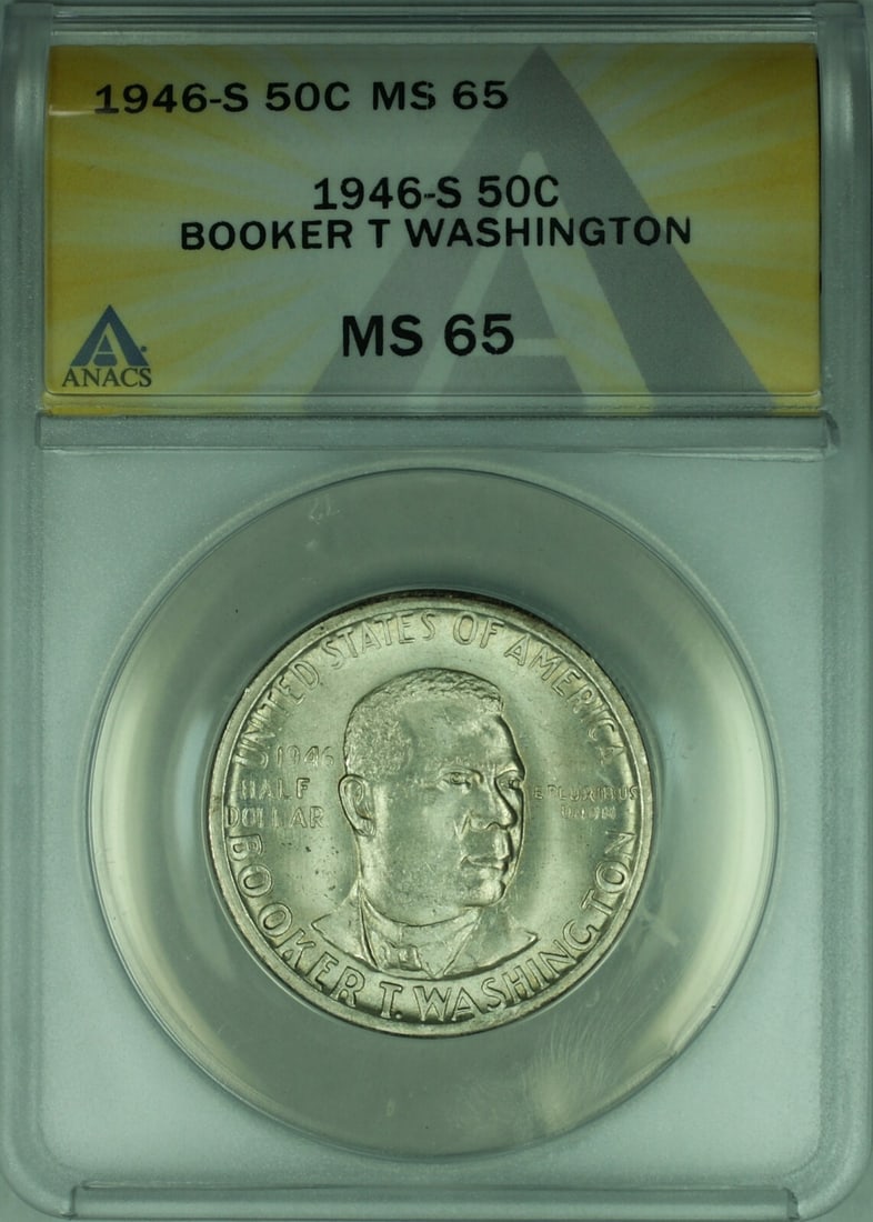 1946-S Booker T Washington Commemorative Silver Half Dollar ANACS MS 65: 1946-S Booker T Washington Commemorative Silver Half Dollar ANACS MS 65 The 1946-S Booker T. Washington Commemorative Silver Half Dollar is a stunning piece of numismatic history. This coin, minted in