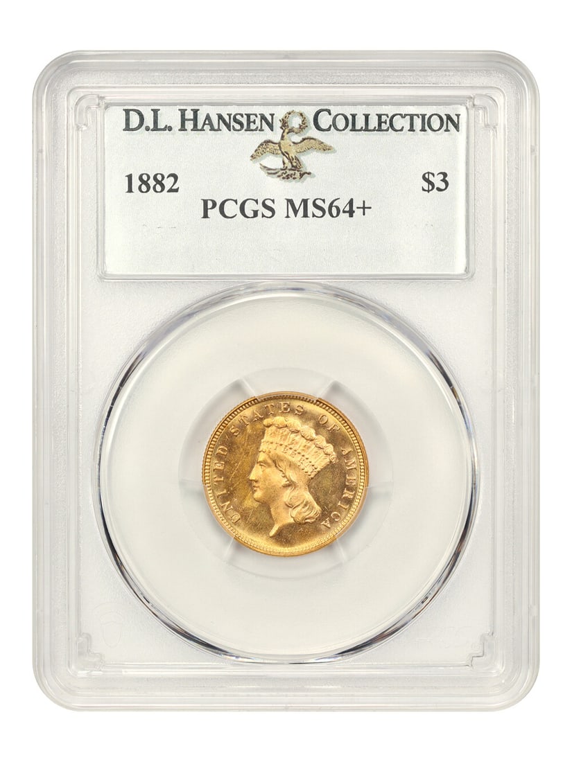 1882 $3 Gold Coin PCGS MS64+ Philadelphia Mint: 1882 $3 Gold Coin PCGS MS64+ Philadelphia Mint This stunning 1882 $3 gold coin, certified by PCGS with a grade of MS64+, is a remarkable piece for any collector. Struck in Philadelphia, this uncircula