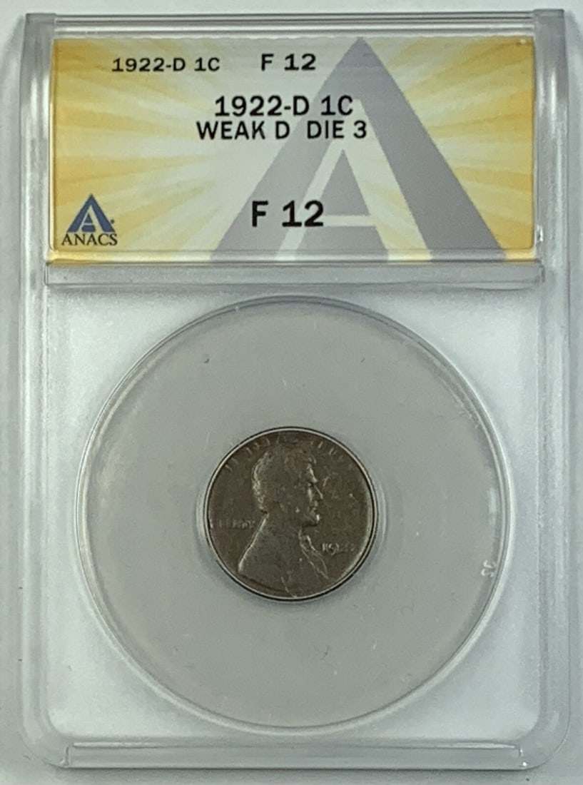 1922 Weak D Lincoln Wheat Cent ANACS F 12 Coin: 1922 Weak D Lincoln Wheat Cent ANACS F 12 Coin This 1922 Weak D Lincoln Wheat Cent is a notable addition for any coin collector. Struck in the United States, this small cent features the iconic Lincol