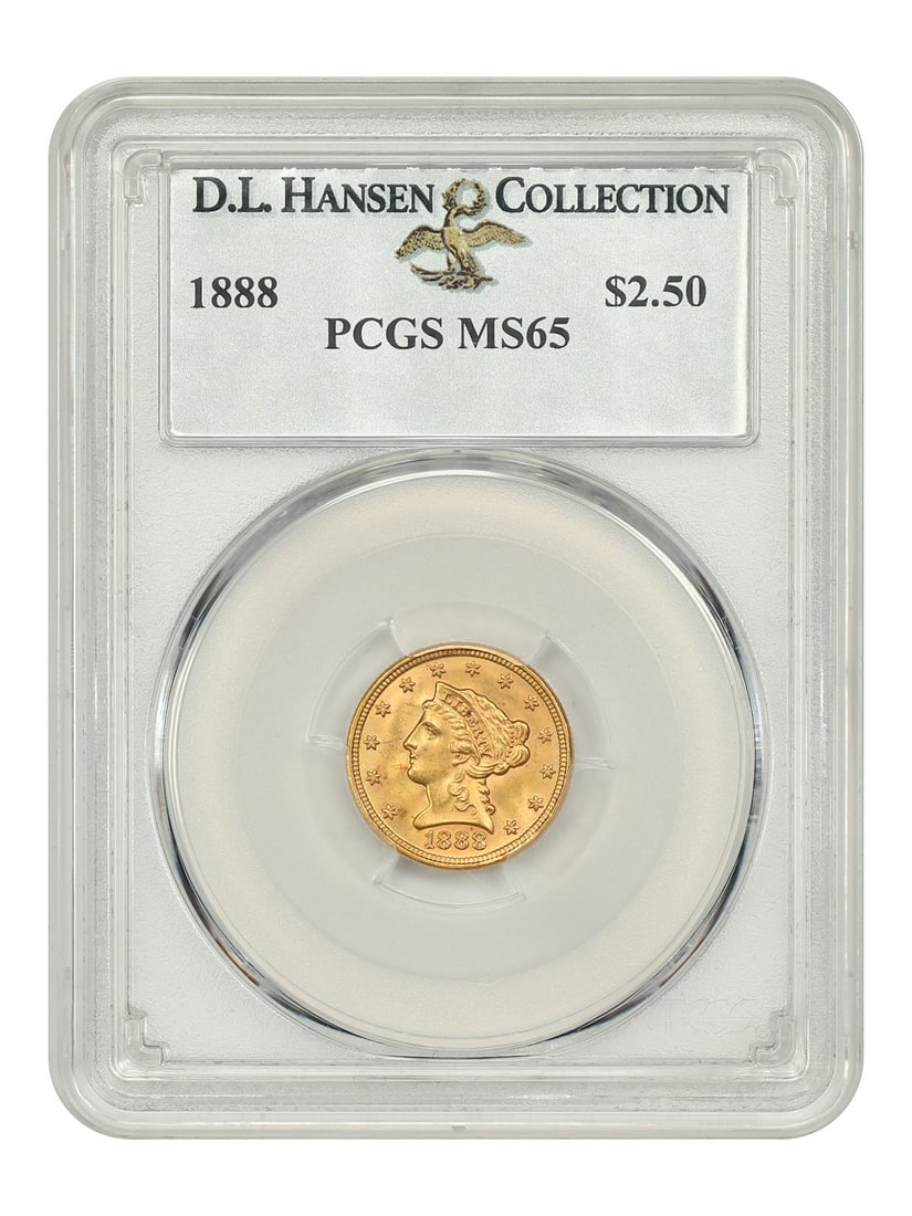 1888 $2.50 Liberty Head Gold Coin PCGS MS65 D.L. Hansen: 1888 $2.50 Liberty Head Gold Coin PCGS MS65 D.L. Hansen This 1888 $2.50 Liberty Head gold coin is graded PCGS MS65 and comes with certification number 82224773. It features frosty wheat-gold surfaces,