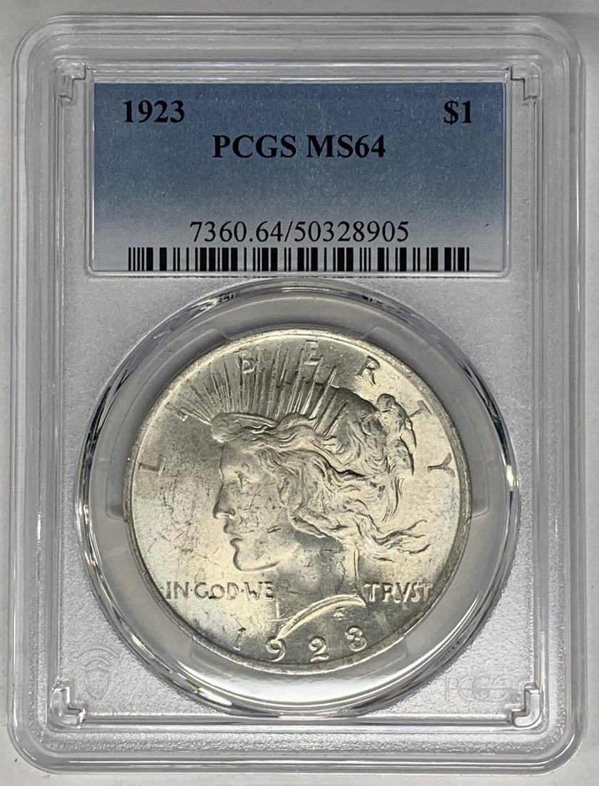 1923 Peace Silver Dollar Coin PCGS MS 64 Uncirculated: 1923 Peace Silver Dollar Coin PCGS MS 64 Uncirculated This 1923 Peace Silver Dollar Coin is a remarkable piece of numismatic history. Graded as MS 64 by PCGS, this uncirculated coin features a stunnin