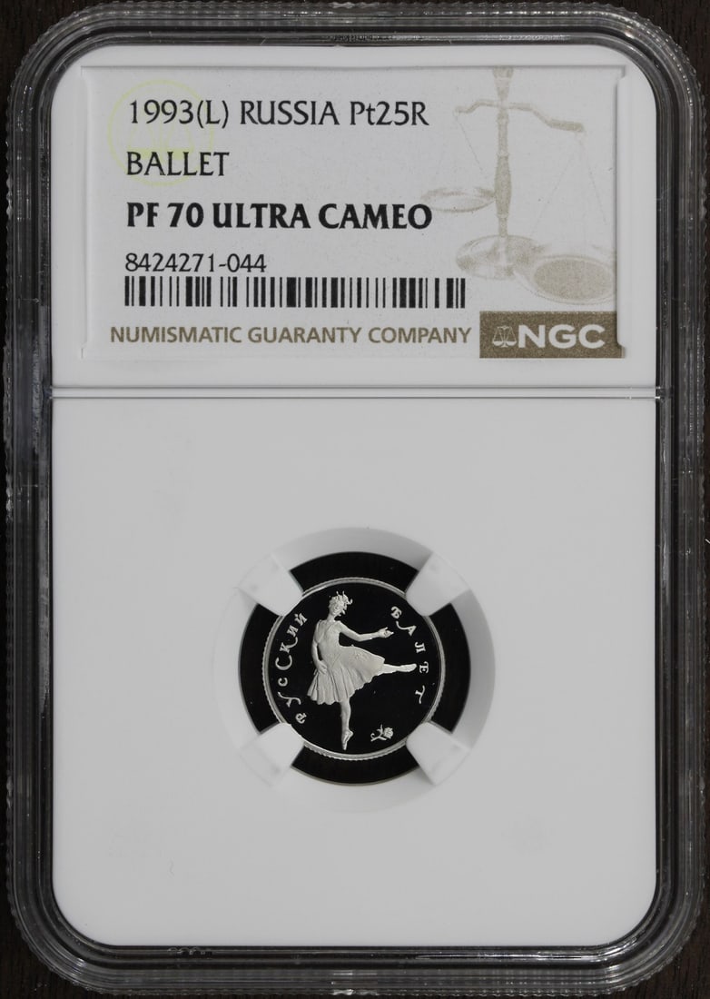 1993 Russia Platinum 25 Rouble 1/10 oz Proof NGC Ballet Coin: 1993 Russia Platinum 25 Rouble 1/10 oz Proof NGC Ballet Coin This 1993 Russia 25 Rouble coin features a proof finish and is struck in 1/10 oz of 0.999 fine platinum. The coin is certified by NGC and c