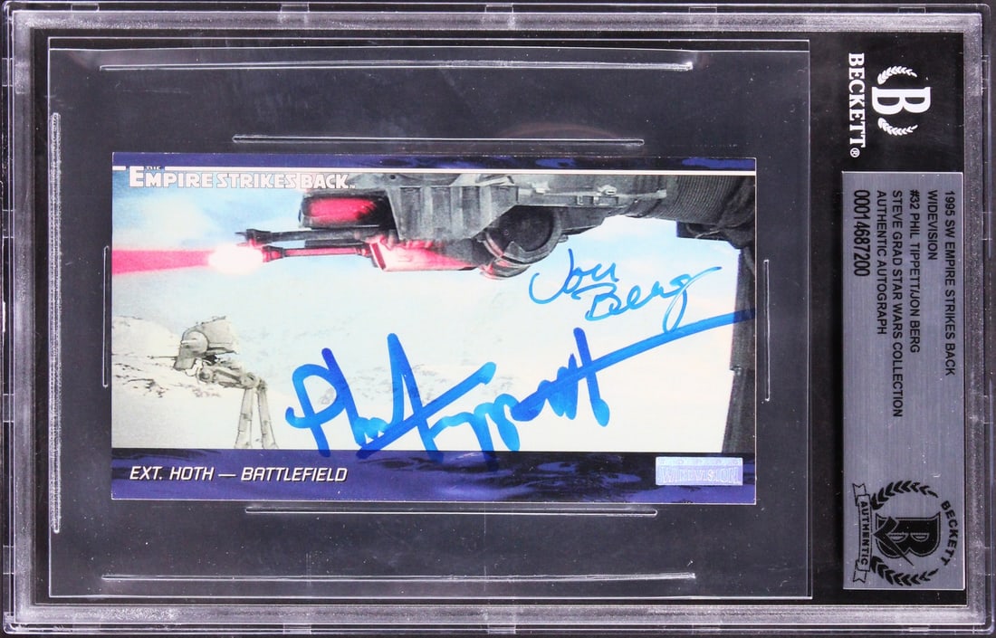 Star Wars Signed 1995 ESB Widevision #32 Card by Phil Tippett Jon Berg BAS Authenticated: Star Wars Signed 1995 ESB Widevision #32 Card by Phil Tippett Jon Berg BAS Authenticated This remarkable 1995 Star Wars Empire Strikes Back Widevision #32 card is personally signed by renowned artists