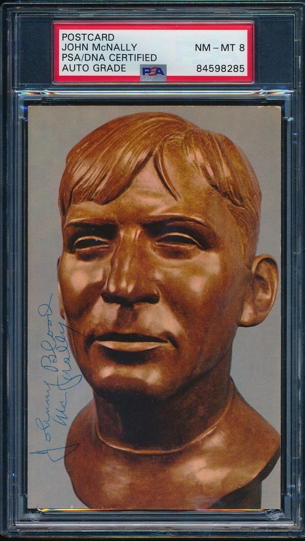 Johnny Blood McNally Twice Signed Postcard PSA/DNA 8 HOF Green Bay Packers: Johnny Blood McNally Twice Signed Postcard PSA/DNA 8 HOF Green Bay Packers This is a unique collectible featuring a twice-autographed postcard of Johnny Blood McNally, who is honored in the Pro Footba