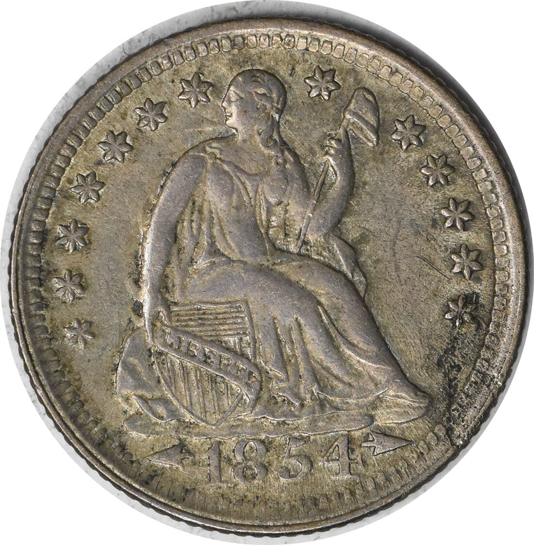 1854 Liberty Seated Half Dime AU 90% Silver Christian Gobrecht: 1854 Liberty Seated Half Dime AU 90% Silver Christian Gobrecht This 1854 Liberty Seated Silver Half Dime features a classic seated design created by renowned designer Christian Gobrecht. The coin is c