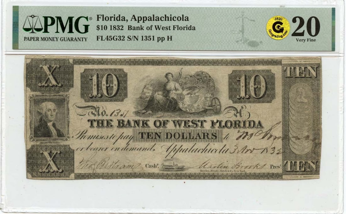 1832 $10 Obsolete Note Bank of West Florida PMG VF20 (1 of 2)