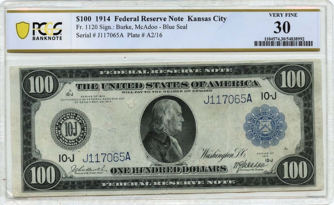 1914 $100 Kansas City Federal Reserve Note PCGS VF30 Certified (1 of 2)