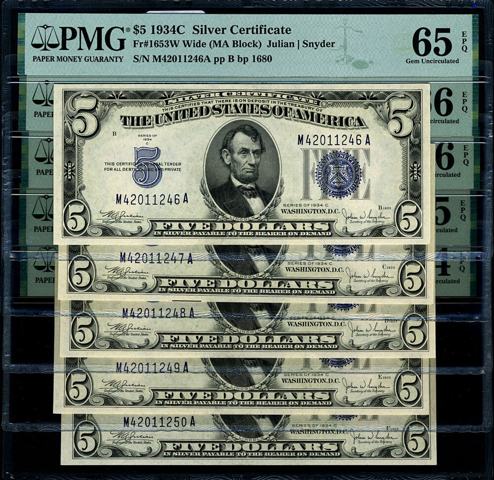 $5 1934-C Silver Certificate Wide Set of 5 PMG CU64-CU66 EPQ (1 of 2)