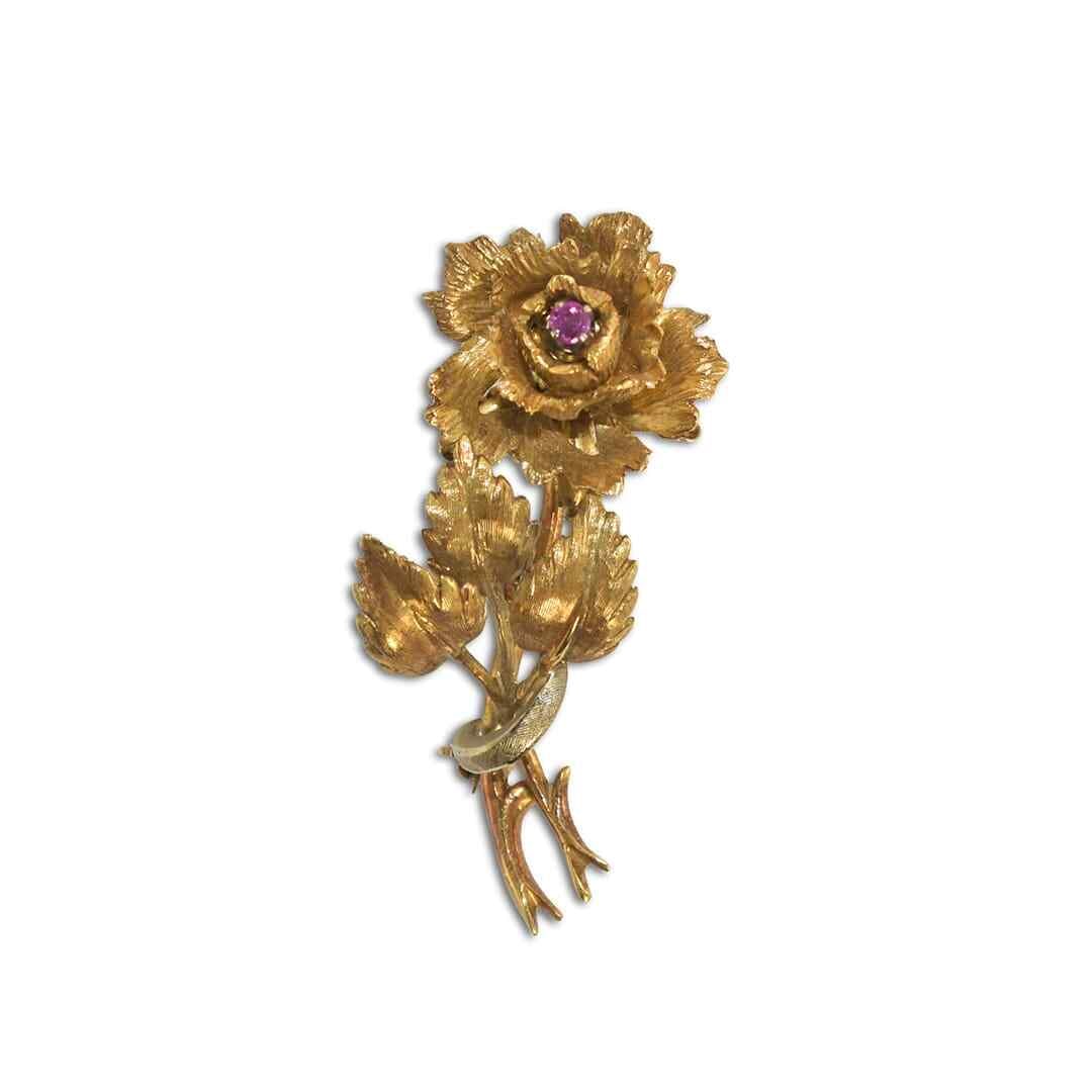 18K Yellow Gold Vintage Ruby Floral Brooch 10.6g Italy (1 of 6)