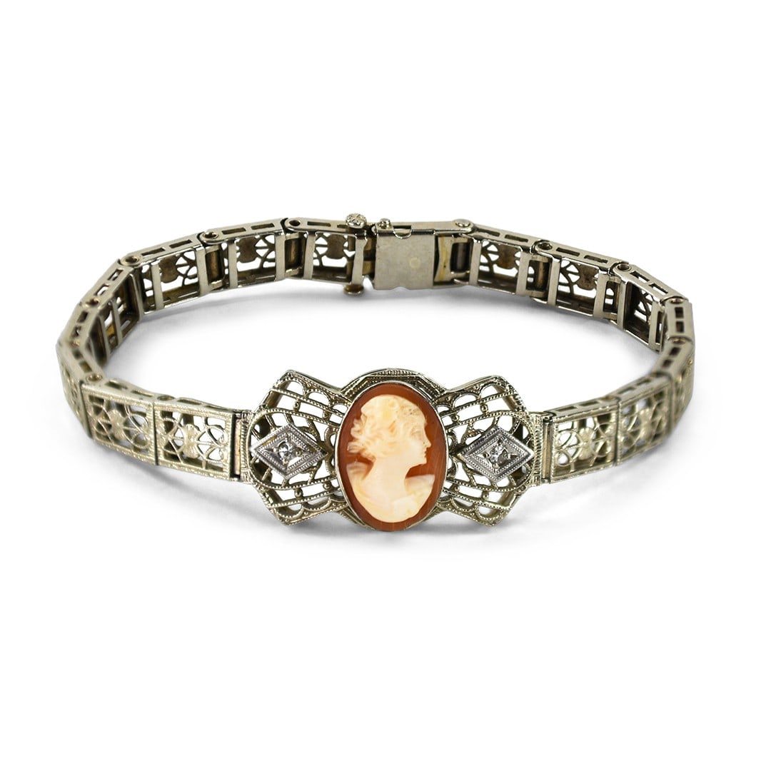 Antique 14k White Gold Bracelet with Cameo and Diamonds 11.3g (1 of 7)