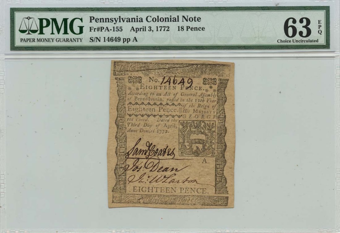 1772 Colonial Pennsylvania Note FR#PA-155 PMG CU63 EPQ Uncirculated (1 of 2)
