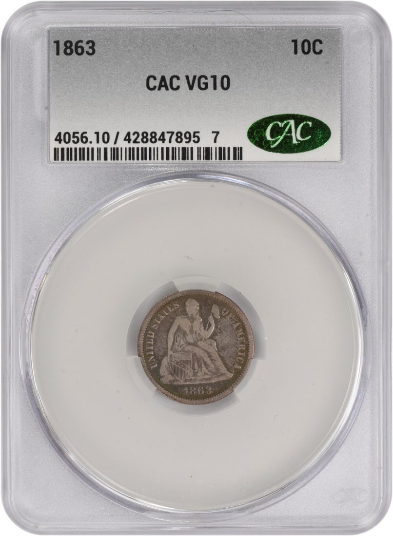 1863 Seated Liberty Dime Certified VG10 by CACG: 1863 Seated Liberty Dime Certified VG10 by CACG This 1863 Liberty Seated Silver Dime is a circulated coin from the United States, graded VG10 and certified by CACG. Minted in Philadelphia, it features