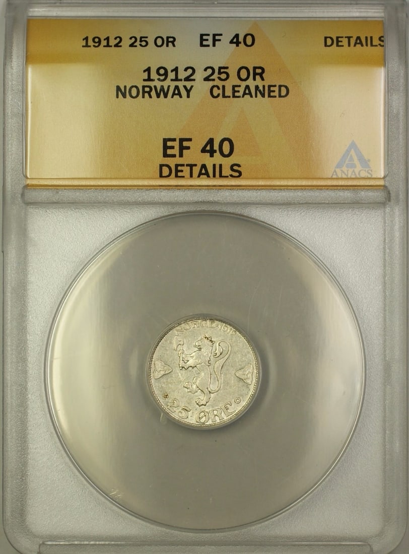 1912 Norway Silver 25 Ore Coin ANACS EF-40 Circulated: 1912 Norway Silver 25 Ore Coin ANACS EF-40 Circulated This 1912 Norway Silver 25 Ore Coin is certified by ANACS with a grade of EF-40. The coin is composed of silver and is classified as circulated, r