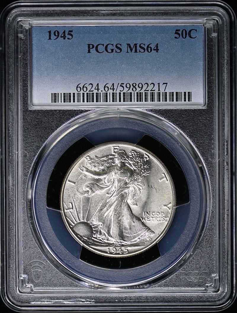 1945 Walking Liberty Half Dollar PCGS MS64 Uncirculated Coin: 1945 Walking Liberty Half Dollar PCGS MS64 Uncirculated Coin This 1945 Walking Liberty Half Dollar is a stunning example certified by PCGS with a grade of MS64, indicating its uncirculated condition.