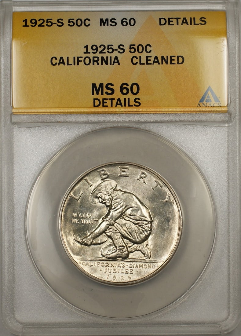 1925-S California Commemorative Silver Half Dollar ANACS MS 60: 1925-S California Commemorative Silver Half Dollar ANACS MS 60 This 1925-S California Commemorative Silver Half Dollar is a remarkable coin certified by ANACS with a grade of MS 60 Details. Struck in