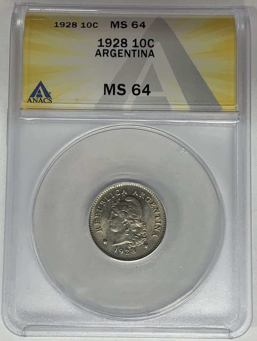 1928 Argentina 10 Centavos Coin Graded MS 64 by ANACS (1 of 2)